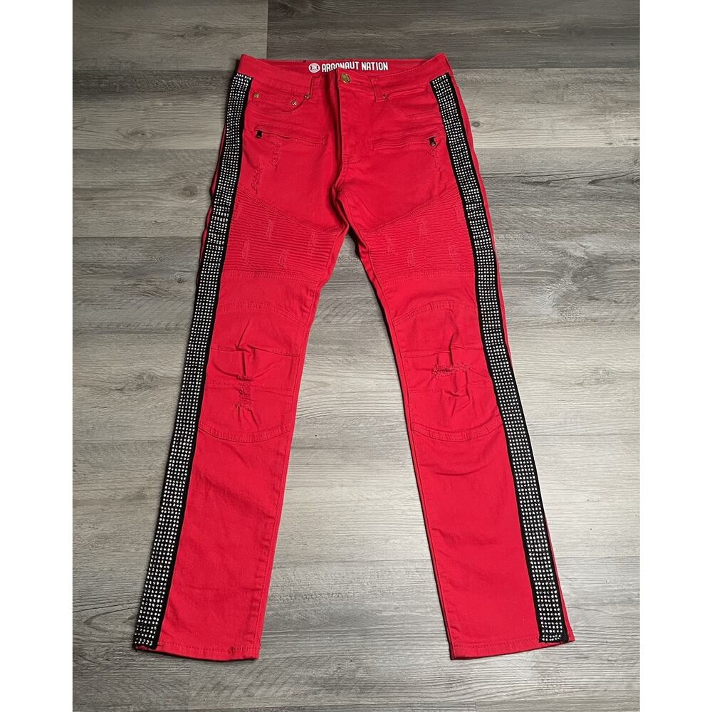 Argonaut Nations Men’s Side Rhinestones Stripe Moto Urban Skinny Jeans 32/32